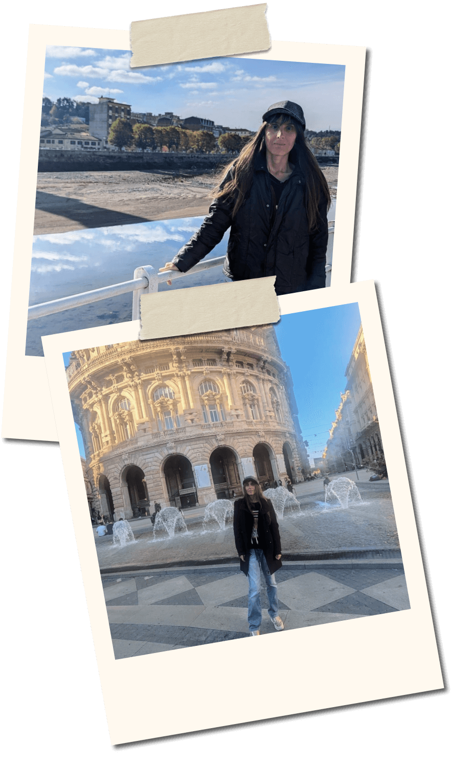 Due fotografie in stile polaroid della stessa persona durante un viaggio: nella prima è vicino al mare con una giacca scura e un cappellino, nella seconda posa davanti a una grande piazza con una fontana e un edificio storico