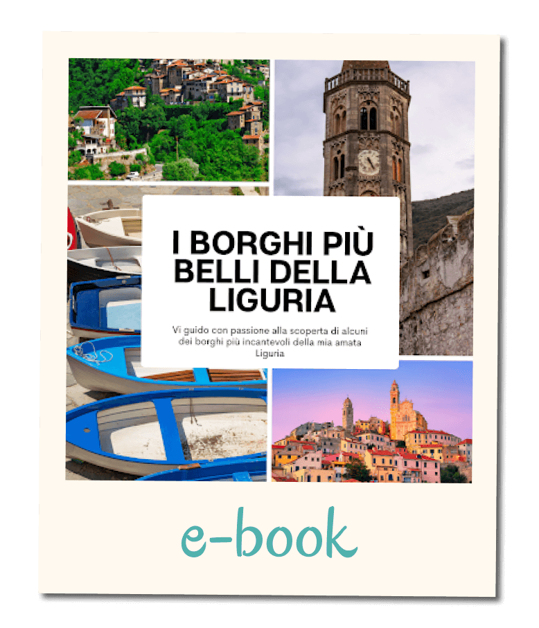 Card di un e-book intitolato ‘I borghi più belli della Liguria’, con una composizione di immagini di borghi, barche e paesaggi liguri.