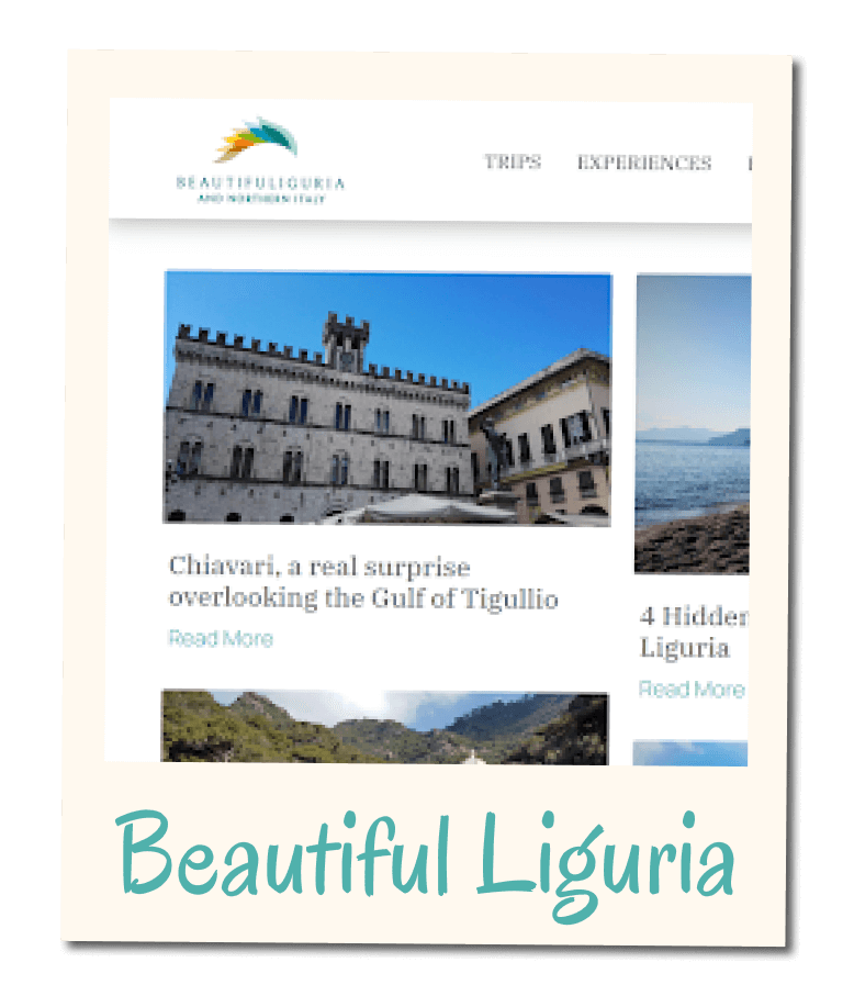 Card portfolio Beautiful Liguria con anteprima di un sito editoriale dedicato a viaggi, esperienze e destinazioni in Liguria.