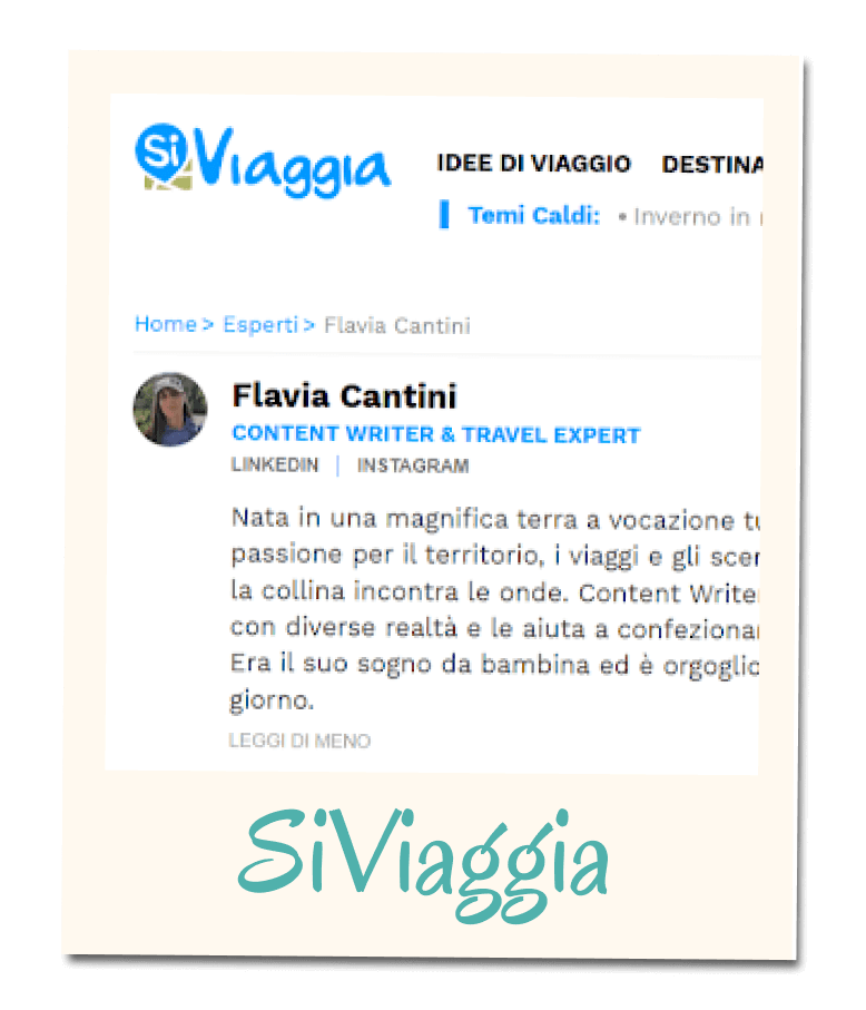 Card portfolio SiViaggia con anteprima di una pagina profilo editoriale dedicata a viaggi e destinazioni.