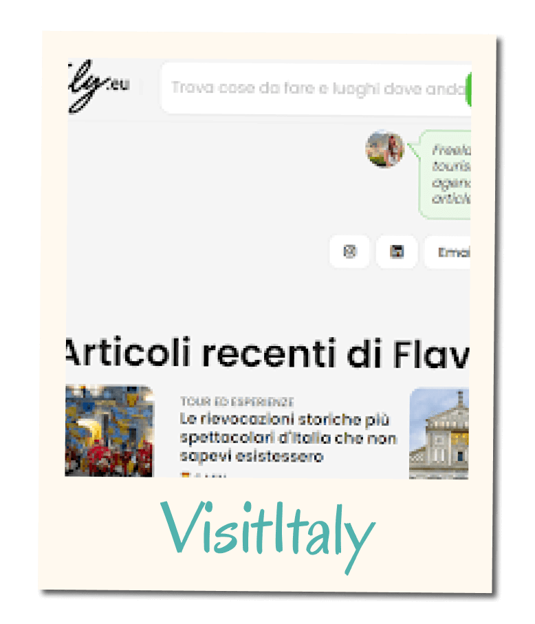 Card portfolio VisitItaly con anteprima di una pagina web che mostra articoli di viaggio e luoghi da visitare