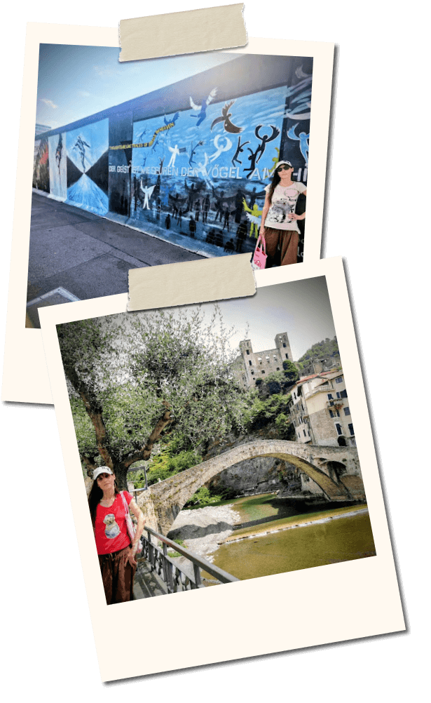 Composizione di due fotografie in stile polaroid: una davanti a un murale urbano colorato, l’altra lungo un ponte in pietra immerso nel verde